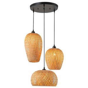 AOODU Rattan Pendant Light Bamboo Hanging Light 3-Lights Boho Pendant Light Fixture Woven Basket Wicker Shade Rattan Chandelier for Living Room Dining Room Kitchen