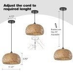TERLEENART Bamboo Pendant Light,1pcs Boho Round Basket Chandelier Handmade Woven Pendant Light, Natural Bamboo Rattan Hanging Chandelier for Kitchen Island Dining Room Living Room Porch