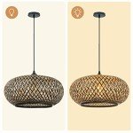 Arturesthome Bamboo Woven Pendant Light for Kitchen Island, Hand-Woven Black Shades Chandelier, Handmade Hanging Lights Crafts Lampshade
