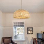 Bamboo Large Plug in Pendant Light with 14ft Handmade Woven Light Cord, Dimmable Switch, Rustic Basket Hanging Lamp for Bedroom Kitchen Island Farmhouse Dining Room Living Room,17.8 inch Width