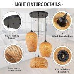 AOODU Rattan Pendant Light Bamboo Hanging Light 3-Lights Boho Pendant Light Fixture Woven Basket Wicker Shade Rattan Chandelier for Living Room Dining Room Kitchen