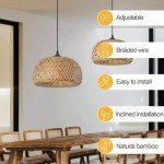 TERLEENART Bamboo Pendant Light,1pcs Boho Round Basket Chandelier Handmade Woven Pendant Light, Natural Bamboo Rattan Hanging Chandelier for Kitchen Island Dining Room Living Room Porch
