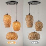 AOODU Rattan Pendant Light Bamboo Hanging Light 3-Lights Boho Pendant Light Fixture Woven Basket Wicker Shade Rattan Chandelier for Living Room Dining Room Kitchen