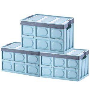 Phyllia Foldable Storage Boxes with Lidsz, 3 Pack Collapsible Plastic Storage Bins Organizer Containers Baskets Cub with Cover,Stackable Utility Crates Storage Box (Blue, 30L)