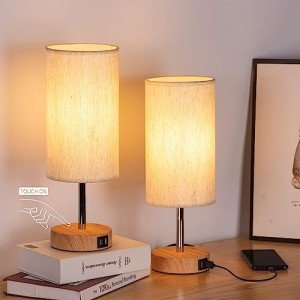 Yarra-Decor Bedside Lamps with USB Port - Touch Control Table Lamp for Bedroom Wood 3 Way Dimmable Nightstand Lamp Set of 2 with Round Flaxen Fabric Shade for Living Room, Dorm, Home Office (2 Pack)