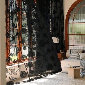 Treatmentex Black Sheer Lace Curtains for Bedroom Living Room Studio 84inch Long Vintage Rose Floral Embroidered Semi Sheer Curtain Panels Privacy Leaf Sheer Drapes with Scalloped Edge 54" w 2pcs 7ft
