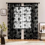 Treatmentex Black Sheer Lace Curtains for Bedroom Living Room Studio 84inch Long Vintage Rose Floral Embroidered Semi Sheer Curtain Panels Privacy Leaf Sheer Drapes with Scalloped Edge 54" w 2pcs 7ft
