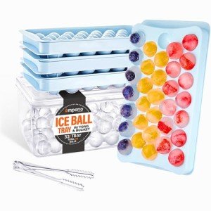 Emporio Kitchen Round Ice Cube Tray with Lid and Bin – Creates 99 Ice Balls (1.1 Inch Size), Stackable Ice Cube Trays, Easy-Release Ice Balls for Drinks and Cocktails, Pack of 1 (3 Trays), Blue