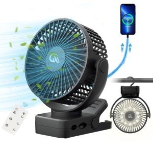 OUTERFAN Portable Fan with Remote Control & Timer & LED Lights, 60hrs 12000mAh USB Rechargeable Battery，Clamp/Hanging/Stand Up, Small Clip on Fan for Baby Stroller, Bed, Desk, Camping Tent, Travel