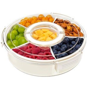 Divided Serving Tray with Lid & Handles for Snacks - Portable Round Snackle Box Container with 6 Compartments - 12" Charcuterie Board for Hosting & Party - BPA-Free & Freezer Safe Veggie Tray