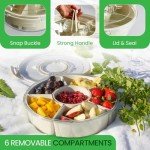 Divided Serving Tray with Lid & Handles for Snacks - Portable Round Snackle Box Container with 6 Compartments - 12" Charcuterie Board for Hosting & Party - BPA-Free & Freezer Safe Veggie Tray