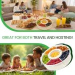 Divided Serving Tray with Lid & Handles for Snacks - Portable Round Snackle Box Container with 6 Compartments - 12" Charcuterie Board for Hosting & Party - BPA-Free & Freezer Safe Veggie Tray
