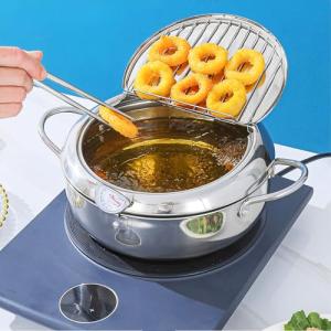 Abizarch 8.2 Inch Deep Fryer Pot with Strainer Basket and Thermometer,Stainless Steel Deep Frying Pot with Handle, Janpanese Style Oil Mini Fryer Dishwasher Safe for Fish Shrimp Chicken, 2.2L