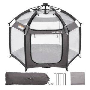 LILLEPRINS EasyPop Outdoor Playpen with Canopy for Babies, 1 Second Baby Pop up Tent, Beach Tent, Travel Playpen for Baby with Travel Bag, UPF50+ Cover, Mosquito Net (Grey)