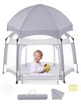 Babelio Pop up Baby Tent, Travel Playpen for Babies， Indoor and Outdoor, Portable/Foldable Play Yard W/Canopy, Travel/Nap, Sun Protection, One-Touch Storage- Light Grey
