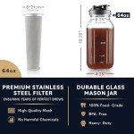 Cold Brew Coffee Maker with Heavy Duty Glass Body & 2 Lids - Iced Tea Machines with Stainless Steel Filter - Iced Coffee Maker - Cold Brew Mason Jar Pitcher with Flip Cap Lid (64 oz / 2 quart, Black)
