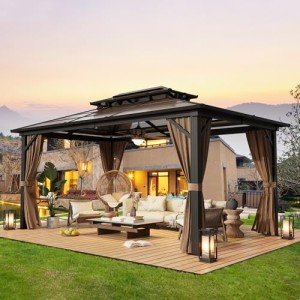 YOLENY 10'x13' Hardtop Gazebo, Outdoor Polycarbonate Double Roof Canopy, Aluminum Frame Permanent Pavilion with Curtains and Netting, Sunshade for Garden, Lawns, Patio