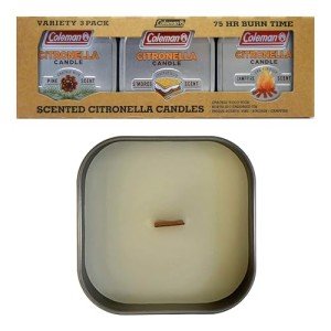 Coleman Scented Tin Citronella Candle, Includes S'Mores, Pine, and Campfire Scents, Crackle Wood Wicks for Outdoor Ambiance, Up to 25 Hours Burn Time, 3 Pack