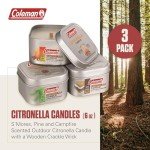 Coleman Scented Tin Citronella Candle, Includes S'Mores, Pine, and Campfire Scents, Crackle Wood Wicks for Outdoor Ambiance, Up to 25 Hours Burn Time, 3 Pack
