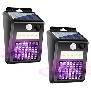 2 Pack of Solar Mosquito Zapper & Outdoor Light - 1000V Electric Bug Trap, Solar-Powered Fly Killer with Motion Sensor, Waterproof & Cordless