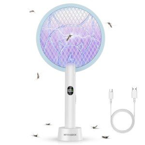 Nymrix Electric Fly Swatter Racket, 2 in 1 Mosquito Bug Zapper 4100V Handheld Mosquito Killer with 1800 mAh Rechargeable Battery, Purple Light and 3-Layer Safety Mesh for Indoor Outdoor Blue