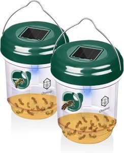 2 Pack Wasp Traps Outdoor Hanging, Solar Bee Traps with UV LED Light for Outside, Hornet, Bee Wasp Catcher for Hornets, Yellow Jackets