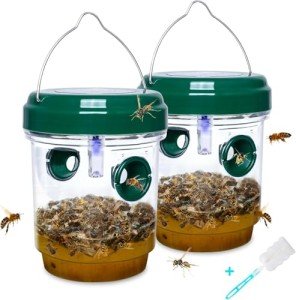 2 Pack Solar Powered Wasp Traps Outdoor Hanging Carpenter Bee Traps for Outside Yellow Jacket Trap Hornet Trap Wasp Killer with UV LED Light