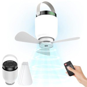 Elomavapa 2 in 1 Camping Fan with LED Lantern, Rechargeable Camping Lights with Remote Control, Portable Outdoor Umbrella Ceiling Fan with Dimmable Light Hanging Outside for Patios, Tent, RVs, Gazebo