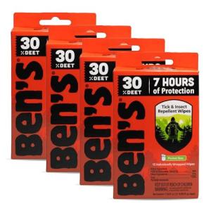 Ben's Tick & Insect Repellent Wipes - 30% DEET for Mosquitoes, Ticks & More - Up to 7 Hours of Protection - Alcohol- & Fragrance-Free - 12 Wipes (4 Pack)