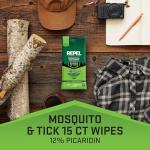 Repel Insect Repellent Mosquito & Tick Wipes 12% Picaridin, Repels Mosquitoes and Ticks for Up to 10 Hours in A Convenient Travel Wipe for Whole-Family Mosquito and Tick Protection,15 Count, 3 Ounces