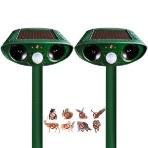 2 Pack Solar Animal Repeller Outdoor, Ultrasonic Cat Repellant, Deer Repellent Devices, Waterproof Animal Deterrent Motion Activated for Squirrel Rabbit Skunk Raccoon Dog Cat Deer Coyote for Yard