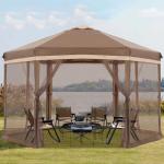 COOSHADE Pop up Canopy, 12X12 Pop up Tent with Mesh Walls, 6 Sides Gazebo, Patented 1 Step Lock Tech, Screened House for Outdoor/Camping/Lawn/Trip/Gathering, Khaki and Brown