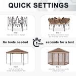 COOSHADE Pop up Canopy, 12X12 Pop up Tent with Mesh Walls, 6 Sides Gazebo, Patented 1 Step Lock Tech, Screened House for Outdoor/Camping/Lawn/Trip/Gathering, Khaki and Brown