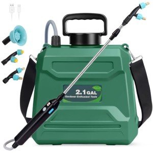 JIUYUDS 2.1 Gallon Battery Powered Garden Sprayer, USB Rechargeable Backpack Sprayer with 3 Adjustable Nozzles, Telescoping Wand, Ergonomic Strap for Lawn and Garden Pump Sprayer