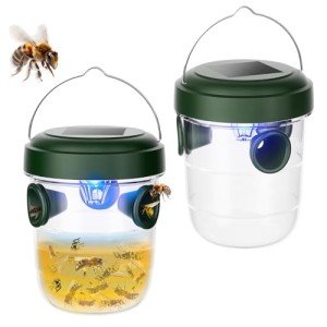 Wasp Traps Outdoor Hanging 2 Packs, Solar Powered Carpenter Bee Trap Yellow Jacket Hornet Catcher with LED Light, Reusable Wasp Deterrent Outdoor for Garden, Patio, Backyard, Camping