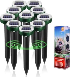 10-Pack Mole Repellent Outdoor Ultrasonic Solar Powered Waterproof for Lawns Gardens Yards Effective Against Snakes Sonic Spikes Stakes Chaser and Moles Gophers Voles