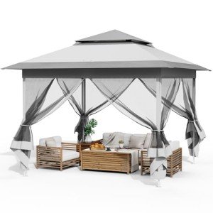 Arlopu Pop Up Gazebo Tent, Outdoor Instant Canopy, Easy Set-up Folding Shelter with Netting, Metal Frame, Screened House Shade Vented for Patio, Lawn, Party, Backyard, Garden (Grey, 11FT×11FT)