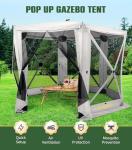 Raynesys 6 Sided Pop Up Gazebo Tent, Camping Screen Tent for 6-8 Person Foldable, Pop-Up Canopy Shelter with Mesh Windows, UV Resistant, Quick Set, Outdoor Gazebo with 6 Removable Wind Cloths