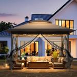 Arlopu Pop Up Gazebo Tent, Outdoor Instant Canopy, Easy Set-up Folding Shelter with Netting, Metal Frame, Screened House Shade Vented for Patio, Lawn, Party, Backyard, Garden (Grey, 11FT×11FT)