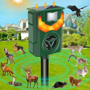 Upgraded Solar Ultrasonic Animal Repellent,Cat Repeller Outdoor with Flaming Eye Alarm,Waterproof Raccoon Repellent with Motion Detection for Farm Yard Garden Repelling Dog, Rabbit, Skunk,Squirrel