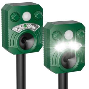 2 Pack Solar Deer Cat Repellent Device Outdoor Bird Squirrel Deterrent with Motion Activated Sensor Ultrasonic Flashing Light to Scare Rats Chipmunk Raccoon Away from Yard Lawn - Waterproof