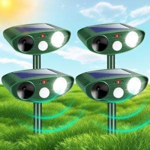 Upgraded Solar Animal Repellent, 4 Pcs Ultrasonic Animal Repeller Outdoor Waterproof with Motion Sensor & Flashing Light Cat, Squirrel, Deer, Raccoon, Rabbit, Skunk, Coyote Deterrent for Yard, Garden