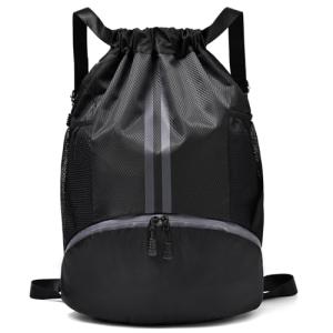 LOKAPEGY Black Drawstring Gym Bag for Men, Waterproof Drawstring Backpack for Women, Swim Bag with Shoes Compartment, Pull String Sport Bag for Soccer and Basketball.