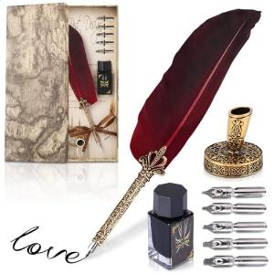 Antique Red Feather Pen and Ink Set