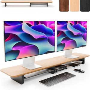 KIVY Dual Monitor Riser with Shelf Oak