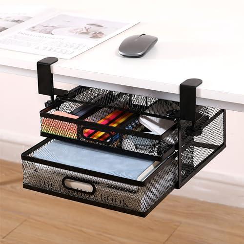 ROLIZOE sliding under desk drawer organizer with clamps and 2 mesh metal drawers