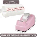 Desktop Tape Dispenser, Pink Weighted Base + 6 Rolls