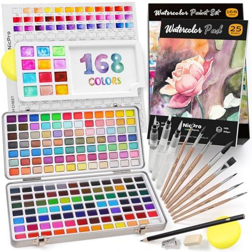 Nicpro 168-color watercolor set with metallic and macaron shades in a metal case