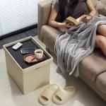 Beige Folding Storage Ottoman with Side Pocket