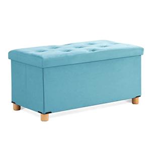 Teal Folding Storage Ottoman Bench with Wooden Feet